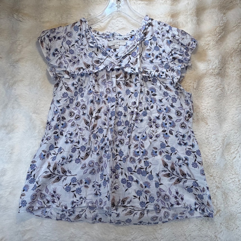 LOFT Blue Floral Flutter Sleeve Ruffle Tie Neck Blouse XL